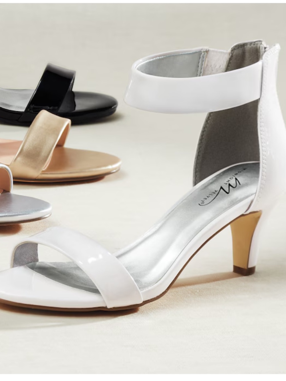 Midnight Velvet Back-Zip Sandal with 2.5" Heel in white faux patent leather